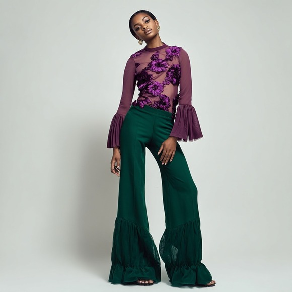 NWT Haute Monde Plum Mesh Floral Appliqué Bodysuit Bell Sleeve No Return - Picture 1 of 15